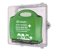 V Safety Glow in The Dark Clear First Aid Cabinet with BS 8599-1 Medium Workplace Kit - Hard Case, Wall Mounted, Keyless Thumb Lock