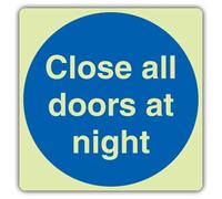 V Safety Glow In The Dark Close All Doors At Night Sign - 100 x 100 mm - Made From Triple Glow Self Adhesive Vinyl - Mandatory Safety Signage - Made in Britain
