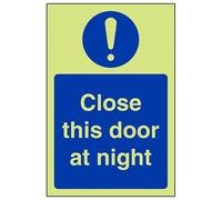 V Safety Glow In The Dark Close This Door At Night Sign - Portrait - 150mm x 200mm - Rigid Plastic
