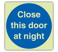 V Safety Glow In The Dark Close This Door At Night Sign - Square Format - 100 x 100 mm - Made From Triple Glow Self Adhesive Vinyl - Mandatory Safety Signage - Made in Britain