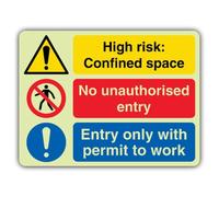 V Safety Glow In The Dark Confined Space - No Unauthorised Entry - Permit To Work Sign - 400 x 300 mm - Made From Triple Glow Self Adhesive Vinyl - Hazard Warning Signage - Made in Britain