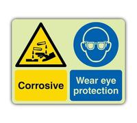 V Safety Glow In The Dark Corrosive - Wear Eye Protection Sign - 600 x 450 mm - Made From Double Glow Self Adhesive Vinyl - Hazard Warning Signage - Made in Britain