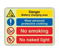 V Safety Glow In The Dark Danger Battery - Mandatory - No Smoking - No Naked Light Sign - 600 x 450 mm - Made From Double Glow Self Adhesive Vinyl - Hazard Warning Signage - Made in Britain