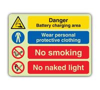V Safety Glow In The Dark Danger Battery - Wear Ppe - No Smoking - No Naked Light Sign - 600 x 450 mm - Made From Triple Glow Rigid Plastic - Hazard Warning Signage - Made in Britain