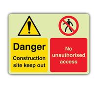 V Safety Glow In The Dark Danger Construction Site Keep Out - No Unauthorised Access Sign - 400 x 300 mm - Made From Triple Glow Rigid Plastic - Hazard Warning Signage - Made in Britain