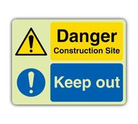 V Safety Glow In The Dark Danger Construction Site - Keep Out Sign - 600 x 450 mm - Made From Double Glow Rigid Plastic - Hazard Warning Signage - Made in Britain