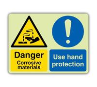 V Safety Glow In The Dark Danger Corrosive Materials Use Hand Protection Sign - 400 x 300 mm - Made From Double Glow Self Adhesive Vinyl - Hazard Warning Signage - Made in Britain