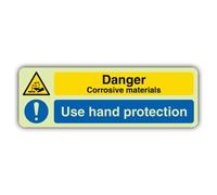 V Safety Glow In The Dark Danger Corrosive Materials Use Hand Protection Sign - Landscape Format - 600 x 200 mm - Made From Double Glow Rigid Plastic - Hazard Warning Signage - Made in Britain