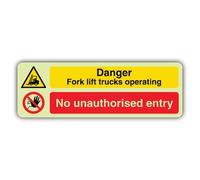 V Safety Glow In The Dark Danger Fork Lift Trucks Operating No Entry Sign - Landscape Format - 450 x 150 mm - Made From Double Glow Self Adhesive Vinyl - Hazard Warning Signage - Made in Britain