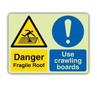 V Safety Glow In The Dark Danger Fragile Roof - Use Crawling Boards Sign - 800 x 600 mm - Made From Double Glow Self Adhesive Vinyl - Hazard Warning Signage - Made in Britain