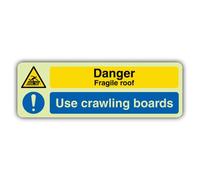 V Safety Glow In The Dark Danger Fragile Roof - Use Crawling Boards Sign - Landscape Format - 600 x 200 mm - Made From Triple Glow Rigid Plastic - Hazard Warning Signage - Made in Britain