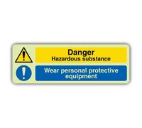 V Safety Glow In The Dark Danger Hazardous Substance - Wear Personal Protective Equipment Sign - 750 x 250 mm - Made From Double Glow Self Adhesive Vinyl - Hazard Warning Signage - Made in Britain
