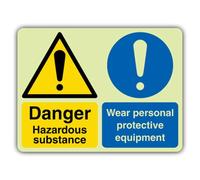 V Safety Glow In The Dark Danger Hazardous Substance - Wear PPE Sign - 400 x 300 mm - Made From Double Glow Rigid Plastic - Hazard Warning Signage - Made in Britain