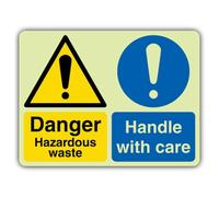 V Safety Glow In The Dark Danger Hazardous Waste - Handle With Care Sign - 800 x 600 mm - Made From Double Glow Self Adhesive Vinyl - Hazard Warning Signage - Made in Britain
