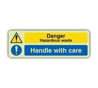 V Safety Glow In The Dark Danger Hazardous Waste - Handle With Care Sign - Landscape Format - 600 x 200 mm - Made From Double Glow Self Adhesive Vinyl - Hazard Warning Signage - Made in Britain