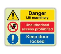 V Safety Glow In The Dark Danger Lift Machinery Access Prohibited Keep Door Locked Sign - 400 x 300 mm - Made From Triple Glow Rigid Plastic - Hazard Warning Signage - Made in Britain