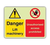 V Safety Glow In The Dark Danger Lift Machinery Unauthorised Access Prohibited Sign - 400 x 300 mm - Made From Triple Glow Self Adhesive Vinyl - Hazard Warning Signage - Made in Britain