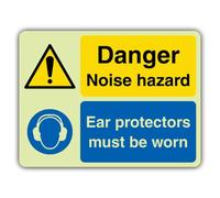 V Safety Glow In The Dark Danger Noise Hazard - Ear Protectors Must Be Worn Sign - 300 x 225 mm - Made From Double Glow Rigid Plastic - Hazard Warning Signage - Made in Britain