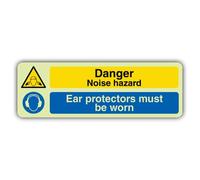 V Safety Glow In The Dark Danger Noise Hazard - Ear Protectors Sign - 450 x 150 mm - Made From Double Glow Rigid Plastic - Hazard Warning Signage - Made in Britain