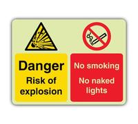V Safety Glow In The Dark Danger Risk Of Explosion - No Smoking - No Naked Lights Sign - 400 x 300 mm - Made From Triple Glow Rigid Plastic - Hazard Warning Signage - Made in Britain