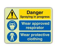 V Safety Glow In The Dark Danger Spraying In Progress Wear Approved Respirator Sign - 800 x 600 mm - Made From Double Glow Self Adhesive Vinyl - Hazard Warning Signage - Made in Britain