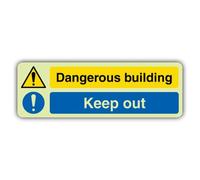 V Safety Glow In The Dark Dangerous Building - Keep Out Sign - 600 x 200 mm - Made From Triple Glow Self Adhesive Vinyl - Hazard Warning Signage - Made in Britain