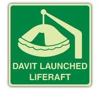 V Safety Glow In The Dark Davit Launched Liferaft Sign - 450 x 450 mm - Made From Triple Glow Rigid Plastic - Marine Safety Signage - Made in Britain