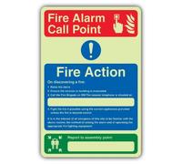 V Safety Glow In The Dark Fire Action - Caravan Site Assembly Sign - 150 x 225 mm - Made From Double Glow Self Adhesive Vinyl - Fire Safety Signage - Made in Britain