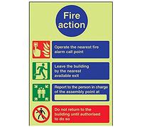 V Safety Glow In The Dark Fire Action Do Not Re-Enter Fire Action Notice Sign - 200mm x 300mm - Rigid Plastic