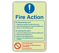 V Safety Glow In The Dark Fire Action - On Discovering A Fire - Basic Design Sign - 150 x 225 mm - Made From Double Glow Self Adhesive Vinyl - Fire Safety Signage - Made in Britain