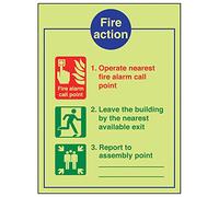 V Safety Glow In The Dark Fire Action/Operate Nearest Fire Alarm Fire Action Notice Sign - 150mm x 200mm - Rigid Plastic