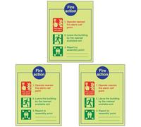 V Safety Glow In The Dark Fire Action/Operate Nearest Fire Alarm Fire Action Notice Sign - 150mm x 200mm - Self Adhesive Vinyl (Pack of 3)