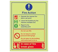 V Safety Glow In The Dark Fire Action/Proceed To Assembly Point Break Glass Sign - 150mm x 200mm - Rigid Plastic