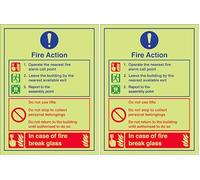 V Safety Glow In The Dark Fire Action/Proceed To Assembly Point Break Glass Sign - 150mm x 200mm - Rigid Plastic (Pack of 2)
