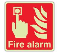 V Safety Glow In The Dark Fire Alarm Sign - Square Format - 80 x 80 mm - Made From Double Glow Rigid Plastic - Fire Safety Signage - Made in Britain
