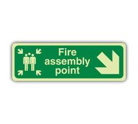 V Safety Glow In The Dark Fire Assembly Point Arrow Down Right Sign - 300 x 100 mm - Made From Triple Glow Self Adhesive Vinyl - Fire Safety Signage - Made in Britain