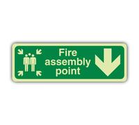 V Safety Glow In The Dark Fire Assembly Point Arrow Down Sign - 210 x 70 mm - Made From Triple Glow Rigid Plastic - Fire Safety Signage - Made in Britain