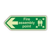 V Safety Glow In The Dark Fire Assembly Point Arrow Left Sign - 450 x 150 mm - Made From Double Glow Rigid Plastic - Fire Safety Signage - Made in Britain