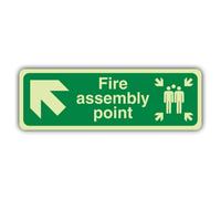 V Safety Glow In The Dark Fire Assembly Point Arrow Up Left Sign - 600 x 200 mm - Made From Triple Glow Rigid Plastic - Fire Safety Signage - Made in Britain