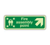 V Safety Glow In The Dark Fire Assembly Point Arrow Up Right Sign - 450 x 150 mm - Made From Triple Glow Rigid Plastic - Fire Safety Signage - Made in Britain