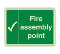 V Safety Glow In The Dark Fire Assembly Point - White Tick Sign - 400 x 300 mm - Made From Double Glow Rigid Plastic - Fire Safety Signage - Made in Britain