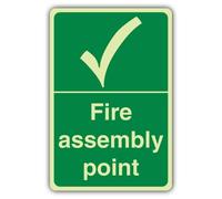 V Safety Glow In The Dark Fire Assembly Point With Tick Sign - 200 x 300 mm - Made From Double Glow Self Adhesive Vinyl - Fire Safety Signage - Made in Britain