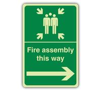 V Safety Glow In The Dark Fire Assembly This Way - Arrow Right Sign - 400 x 600 mm - Made From Double Glow Rigid Plastic - Fire Safety Signage - Made in Britain