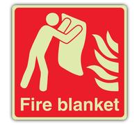 V Safety Glow In The Dark Fire Blanket Sign - Square Format - 80 x 80 mm - Made From Double Glow Rigid Plastic - Fire Safety Signage - Made in Britain
