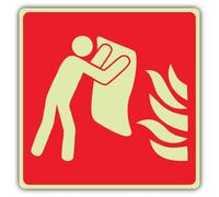V Safety Glow In The Dark Fire Blanket With Man Symbol Sign - Symbol Format - 80 x 80 mm - Made From Double Glow Rigid Plastic - Fire Safety Signage - Made in Britain