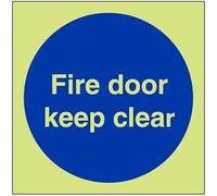 V Safety Glow In The Dark Fire Door Keep Clear Mandatory Sign - 100mm x 100mm - Self Adhesive Vinyl