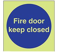 V Safety Glow In The Dark Fire Door Keep Closed Sign - 100mm x 100mm - Rigid Plastic
