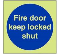 V Safety Glow In The Dark Fire Door Keep Locked Shut Sign - 100mm x 100mm - Self Adhesive Vinyl
