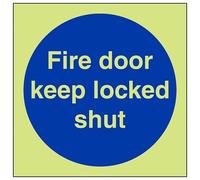 V Safety Glow In The Dark Fire Door Keep Locked Shut Sign - 200mm x 200mm - Self Adhesive Vinyl