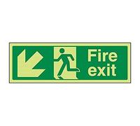 V Safety Glow In The Dark Fire Exit Arrow Down Left Sign - 450mm x 150mm - Self Adhesive Vinyl